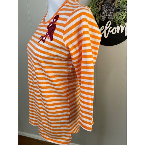 Quacker Factory XS Orange & White Striped Flamingo Top - Picture 2 of 6